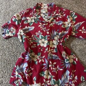 Vtg KALAHEO Red Floral Hawaiian Button-Up Shirt